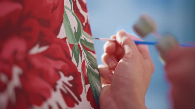 Closeup White Hands Painting Leaf Detail On Floral Canvas, Cool Daylight, Tiny Brush Strokes, Careful Layering Of Greens, Roller Tool In Background, Patient Technique, Intimate Craft Moment