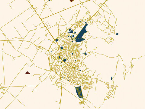 City map of Korce, Albania &ndash; cream map with gold lines