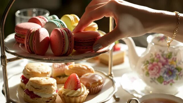 Elegant High Tea Selection - A tiered tray of macarons, scones, and pastries is displayed at a high tea service.