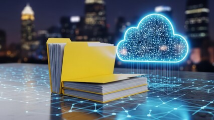 Cloud computing concept with folder and glowing blue cloud over cityscape at night with network connections
