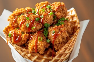 fried chicken waffle cone with sriracha sauce and green onions on top