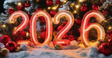 Neonlike 2016 numbers closeup on snow with festive Christmas tree adorned with red and gold ornaments, lights.