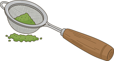 Minimalist Illustration of Matcha Green Tea Powder in a Metal Sifter with Wooden Handle for Cafe and Bakery Decor