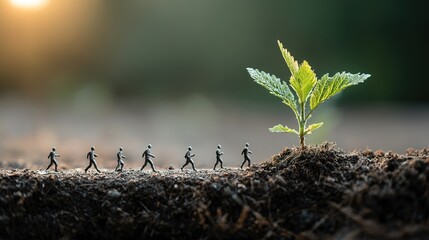 Minimalist Conceptual Little People Walking Toward Seedling, Symbolizing Growth and Perseverance