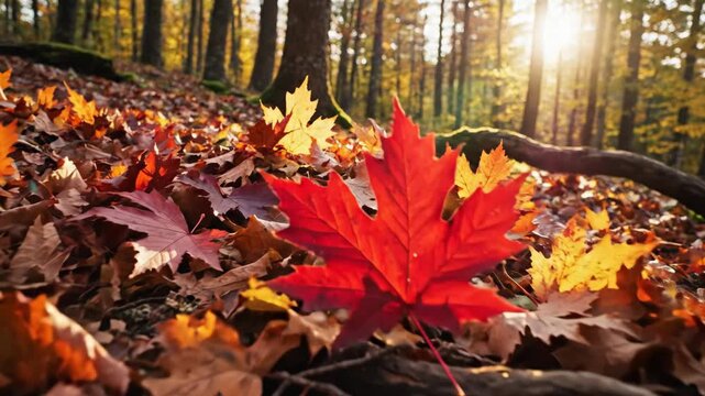 Autumn Forest Floor - Close-up shot of a forest floor covered in colorful fallen leaves during autumn.