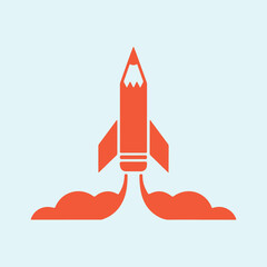 Creative Orange Pencil Rocket Launching Icon for Education and Startup Concepts