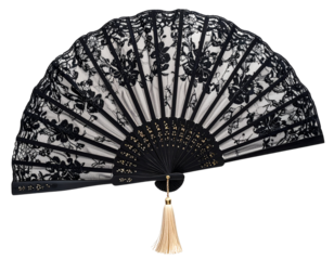 Untitled design - Elegant Black Lace Hand Fan With Floral Patterns and Cream Tassel, Fully Opened, Isolated on Transparent Background (2)