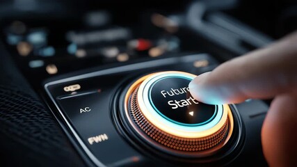 'Future Start' is shown on a digital display as a hand presses a future car's start button. notion of modern technology. - Powered by Adobe