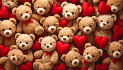 Cute Brown Teddy Bears with Red Hearts; Seamless Valentine&rsquo;s Day Love Background Pattern
