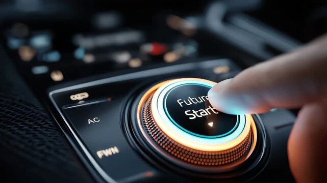 'Future Start' is shown on a digital display as a hand presses a future car's start button. notion of modern technology.