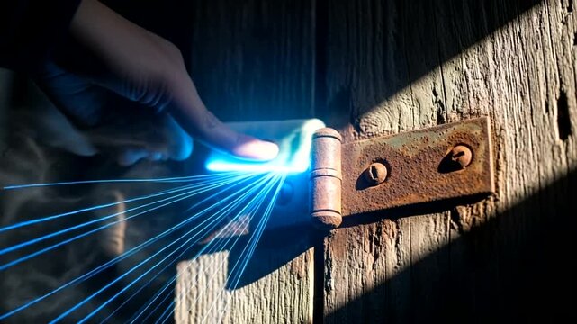 Hand Holding Sparkling Blue Sparkler Near Hinge.