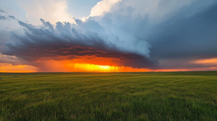 Sunset illuminates dramatic thunderstorm cloud over green grass field, vibrant and moody sky