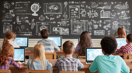 A classroom with students sitting at desks and a teacher at the front of the room. There are many computers and laptops on the desks