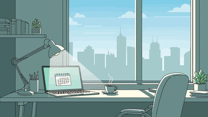 Modern Home Office Workspace with Laptop Displaying Calendar Beside Window View of City Skyline and Desk Lamp Creating Atmosphere