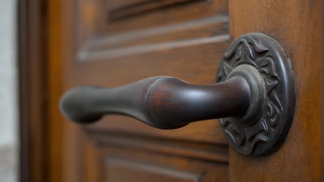 Close-up of a dark wooden door with an ornate metal handle detail