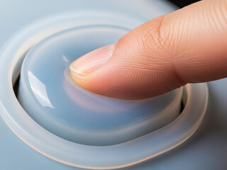 Finger pressing a translucent gel button with a glowing blue light