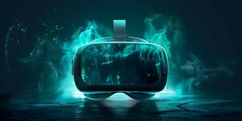 Immersive virtual reality headset surrounded by glowing digital energy and futuristic smoke