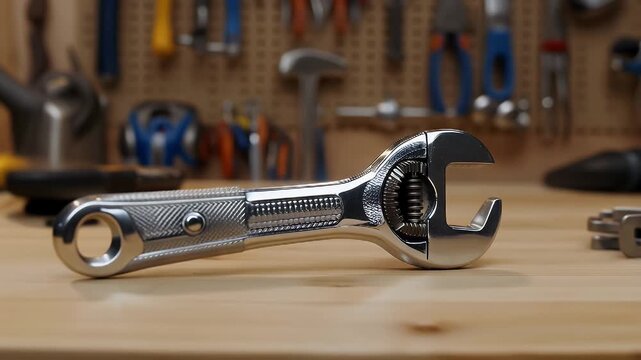 Close-Up of Adjustable Wrench and Toolkit on Wooden Workbench Surface