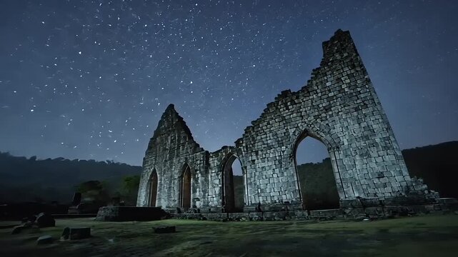 abandoned church ruins under starry night sky