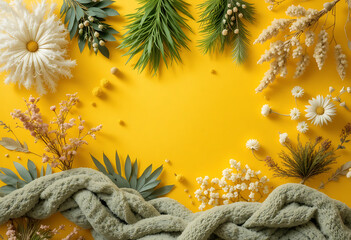 Braided green rope on yellow background surrounded by flowers and leaves braided rope