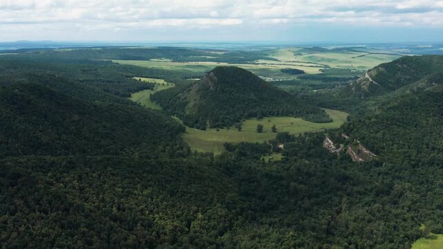 Southern Ural: view of Buzha-Tau mountain from the Gumerov gorge. Aerial view.