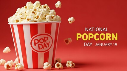 A vibrant red and white striped bucket overflowing with perfectly popped, fluffy white popcorn kernels is showcased against a deep red background celebrating national popcorn day on january nineteen.