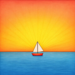 Fototapeta premium Whimsical sailboat sketch with red hull on blue sea under vibrant orange yellow sunset sky