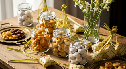 Assorted sweets and nuts in decorative jars on a wooden table with flowers and festive arrangements.