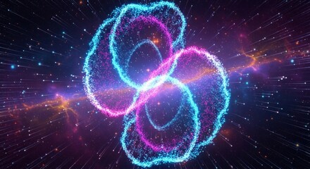 A vibrant, abstract cosmic scene with swirling, colorful particles and a starry, cosmic background.