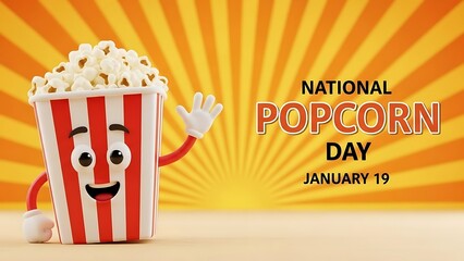Adorable 3d animated popcorn mascot waving hello against a vibrant orange sunburst background celebrating the joyous occasion of national popcorn day on january nineteenth