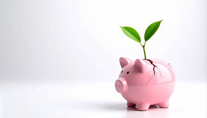 Broken piggy bank with green plant sprout symbolizes financial crisis and loss in money investment savings economy debt bankruptcy