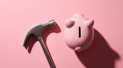 Broken piggy bank and hammer on pink background symbolize financial crisis loss debt and economy savings investment bankruptcy money finance