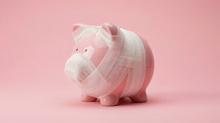 Broken piggy bank wrapped in bandage symbolizes financial crisis with money loss debt economy savings investment and bankruptcy risk
