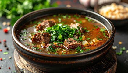 Delicious homemade beef soup with fresh herbs in a rustic bowl.