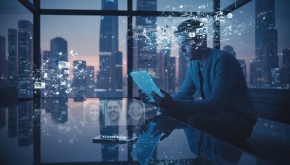 Man analyzing data on a digital tablet in a modern office with a cityscape view at dusk.