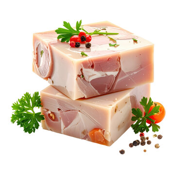 A pair of pork aspic cubes, showcasing the clear gelatin and embedded meat pieces from a traditional recipe,isolated on white background