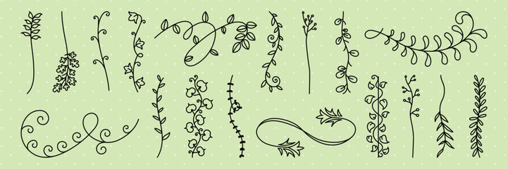 A collection of hand-drawn floral vines on a light green background. These floral vines feature various curly and leafy designs, perfect for decorative purposes. Hand drawn ornament vector set. © Rawpixel.com