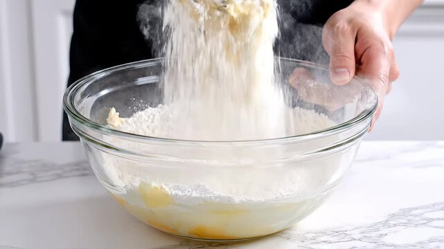 Close-up of a persons hands diligently whisking and blending fresh baking ingredients like flour, eggs, and butter in a clear glass bowl on a pristine white marble kitchen countertop, preparing a del.