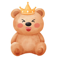 Cute Watercolor Teddy Bear Sitting with Golden Crown Illustration: Adorable Royal Prince Character for Baby Nursery Decor and Birthday Invitations.