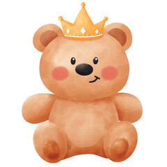 Cute Watercolor Teddy Bear Sitting with Golden Crown Illustration: Adorable Royal Prince Character for Baby Nursery Decor and Birthday Invitations.