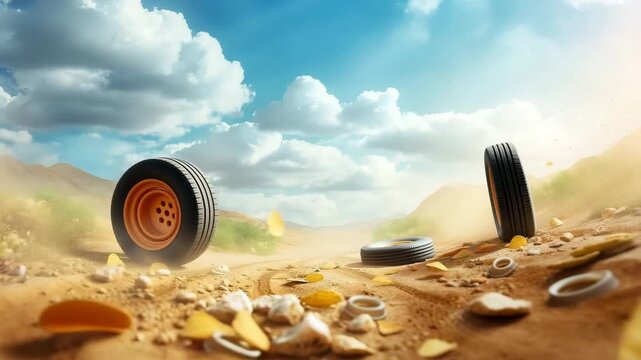 Desert Chips and Tires: Surreal Off-road Adventure with Flying Snacks