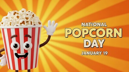 Adorable animated popcorn mascot waving cheerfully against a bright orange sunburst background celebrating national popcorn day on january nineteen with festive energy