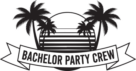 Obraz premium Black silhouette of palm trees and beach scene with banner reading Bachelor Party Crew