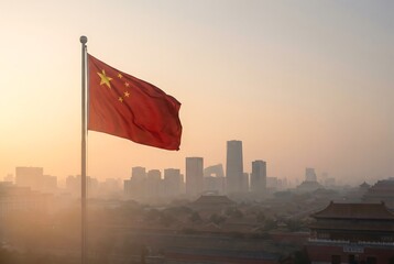 Chinese flag flying over a hazy city skyline at sunset. Beijing cityscape with ancient and modern architecture under a golden sky.