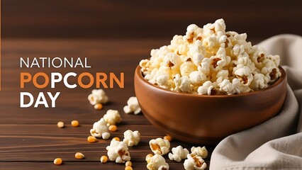 Celebrate national popcorn day with this delicious close-up image featuring fluffy white kernels overflowing from a rustic wooden bowl resting on a dark textured surface near scattered unpopped corn k