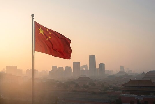 Chinese flag flying over a hazy city skyline at sunset. Beijing cityscape with ancient and modern architecture under a golden sky.