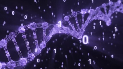 A shimmering purple DNA helix is intricately woven with binary code, illustrating the convergence of genetic data and digital technology. - Powered by Adobe