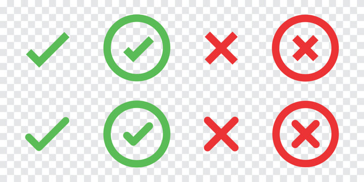 Green check marks and red X marks on a transparent background. Check marks indicate approval, while X marks signify disapproval. Symbols for correct and incorrect. Vector element set.
