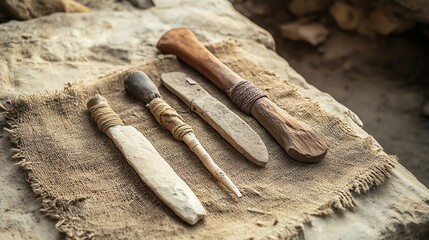 Handcrafted wooden tools on a fabric surface.