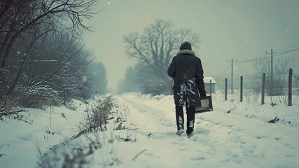 Man Carrying Old TV in Snowy Winter Landscape